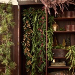 Anthropologie Pine Garland with Green Foliage and Brown Pinecones